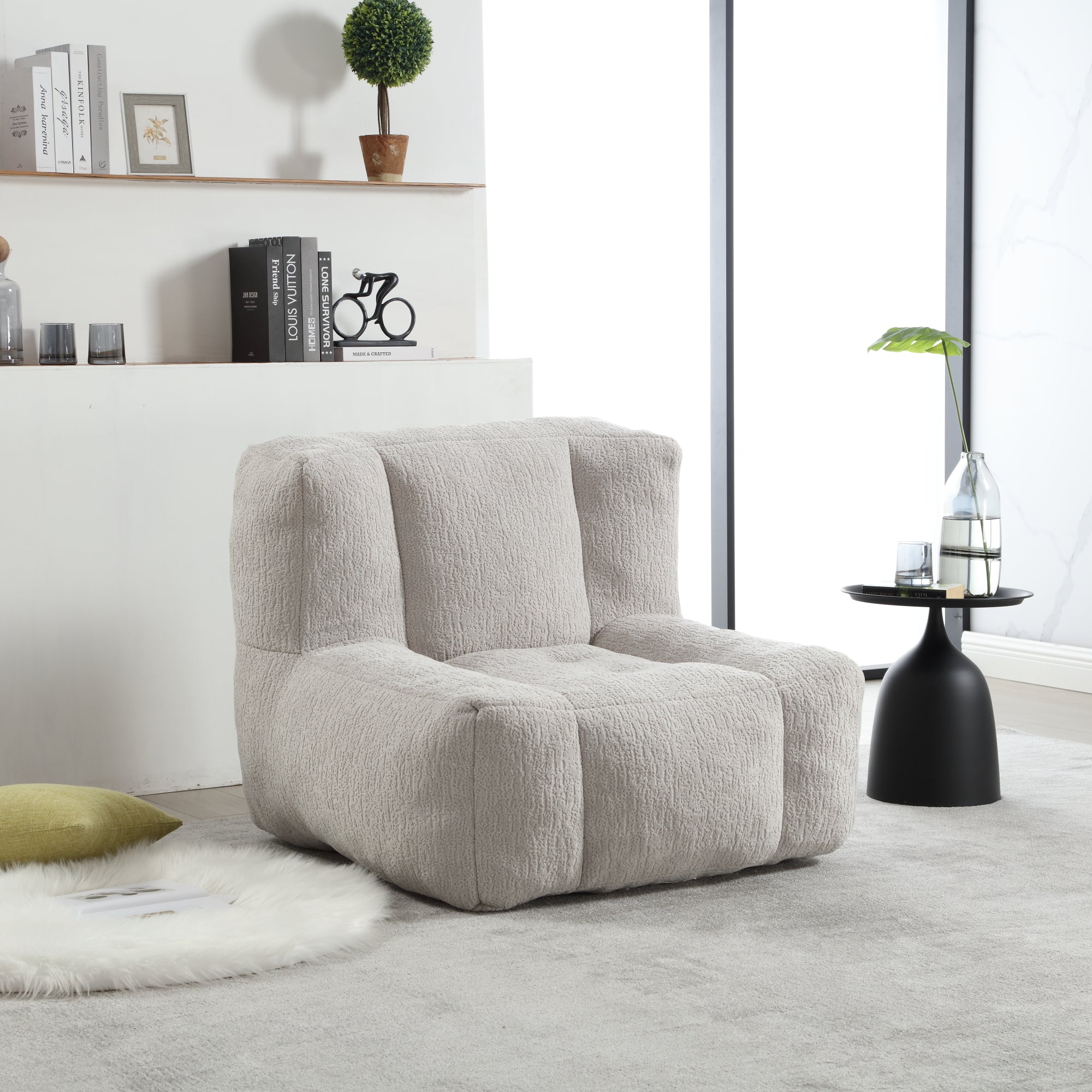 Fluffy Bean Bag Chair & Footstool w/ Memory Foam (Gray)
