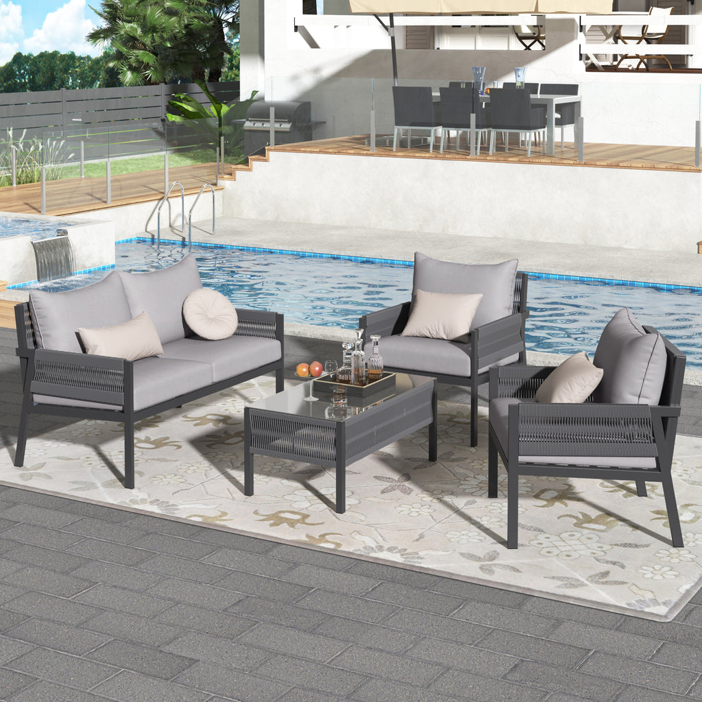 4 PC Boho Outdoor Furniture w/ Tempered Glass Table (Gray)