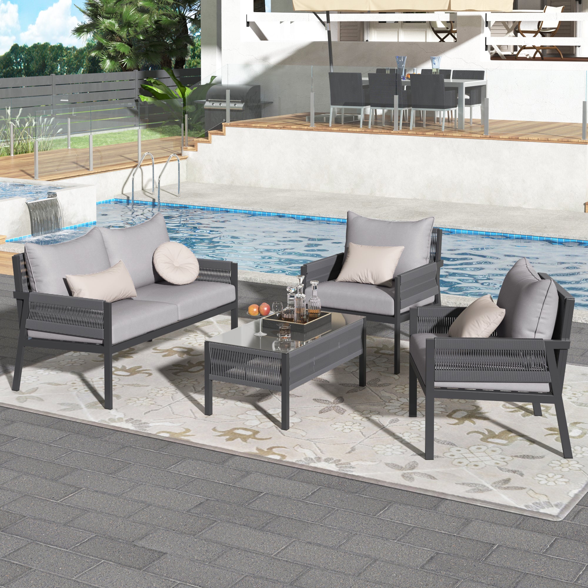 4 PC Boho Outdoor Furniture w/ Tempered Glass Table (Gray)