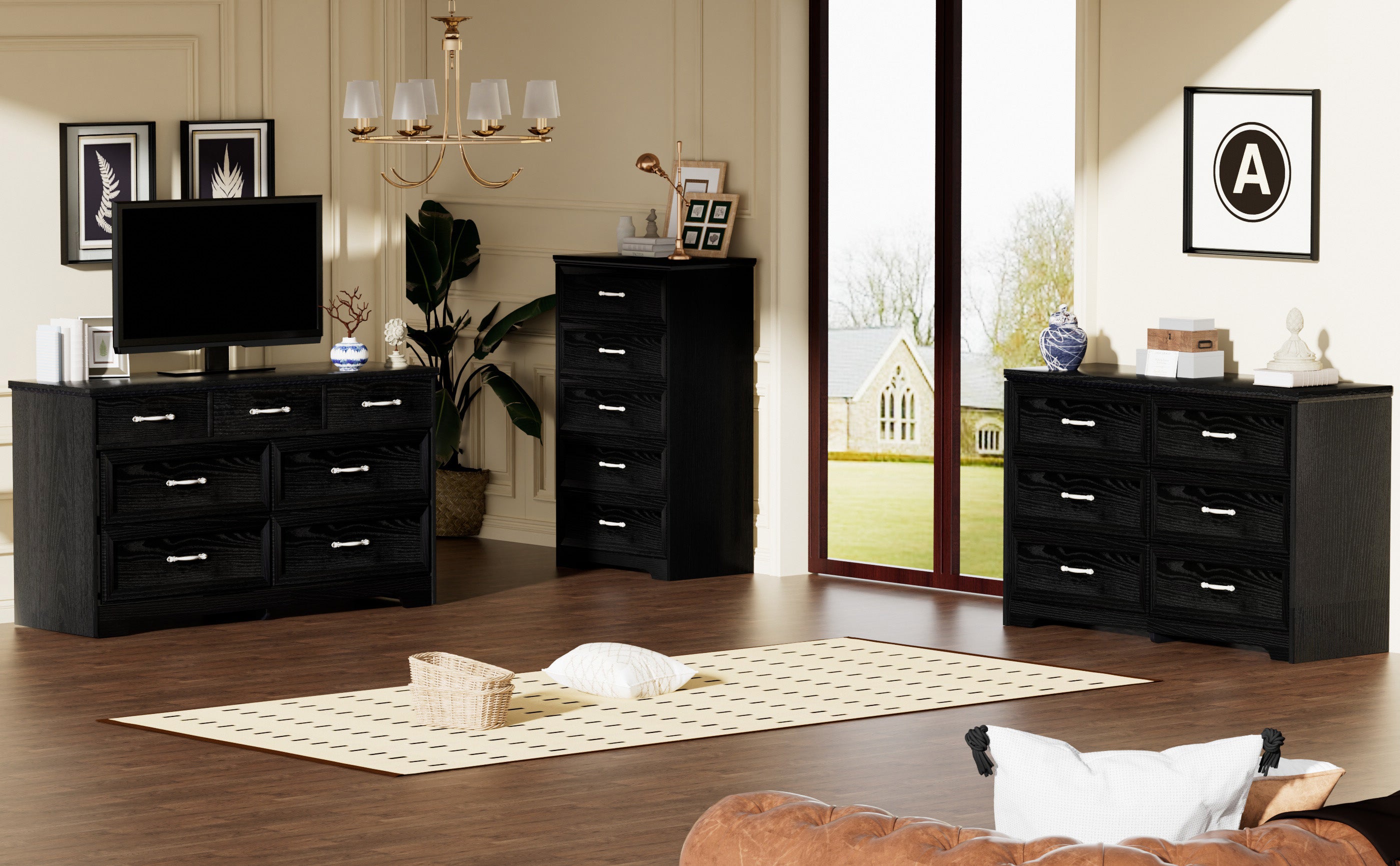 Modern 7 Drawers Dresser w/ Chest (Black)