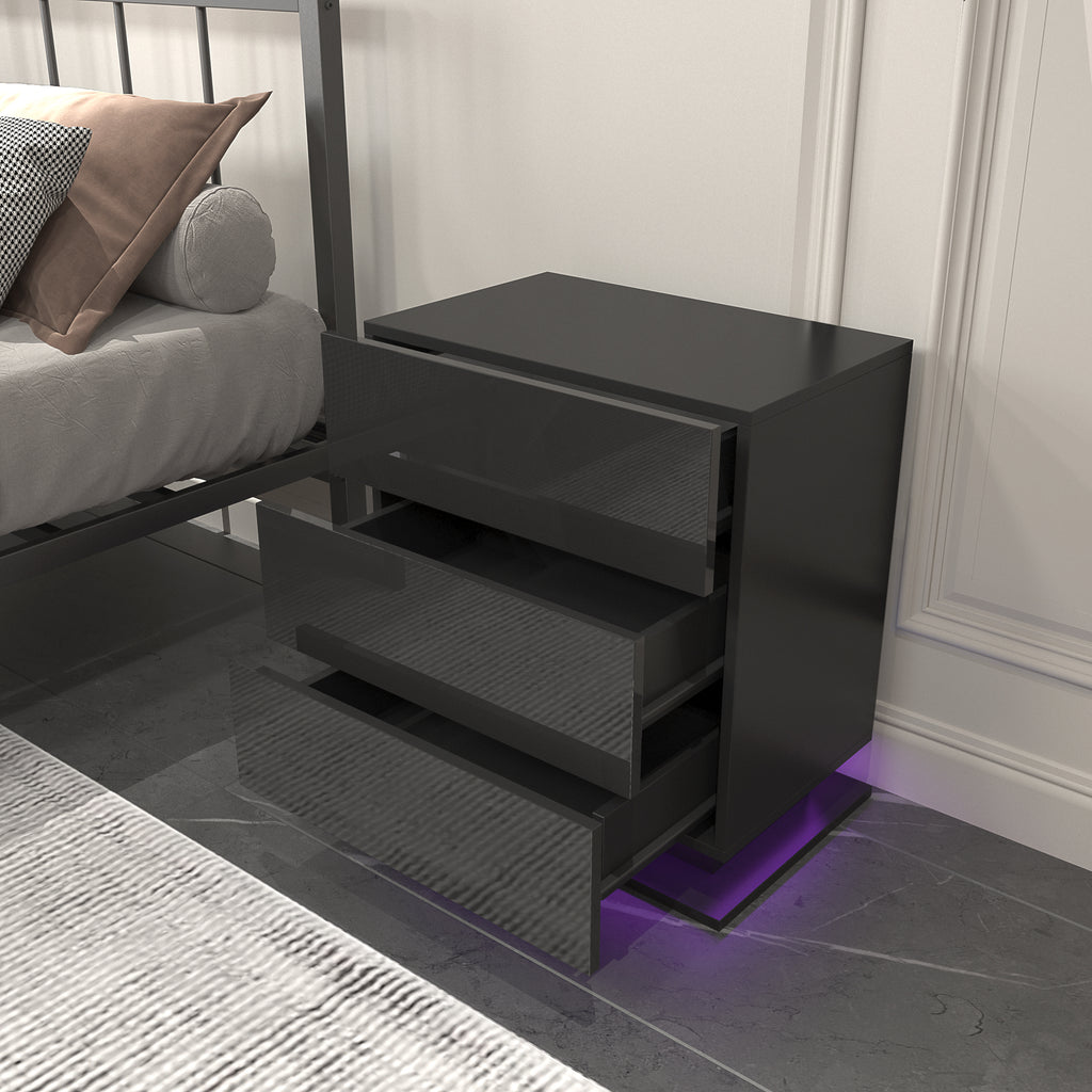 Modern LED Nightstand w/ 3 Drawers (Black)