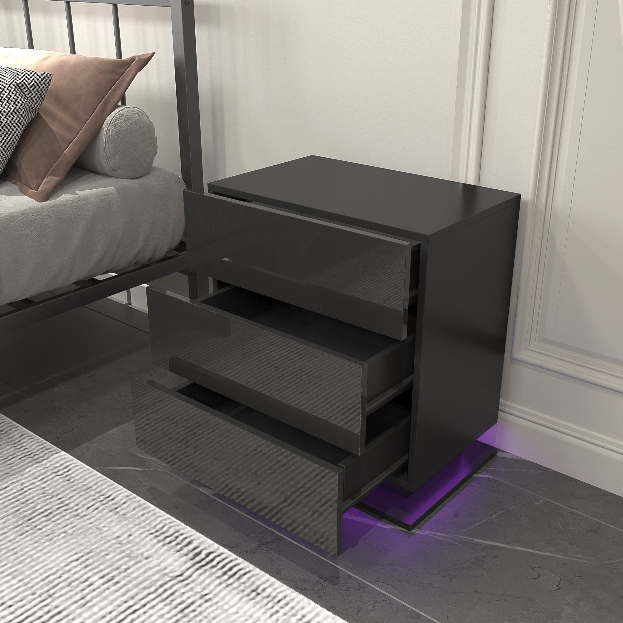 Modern LED Nightstand w/ 3 Drawers (Black)
