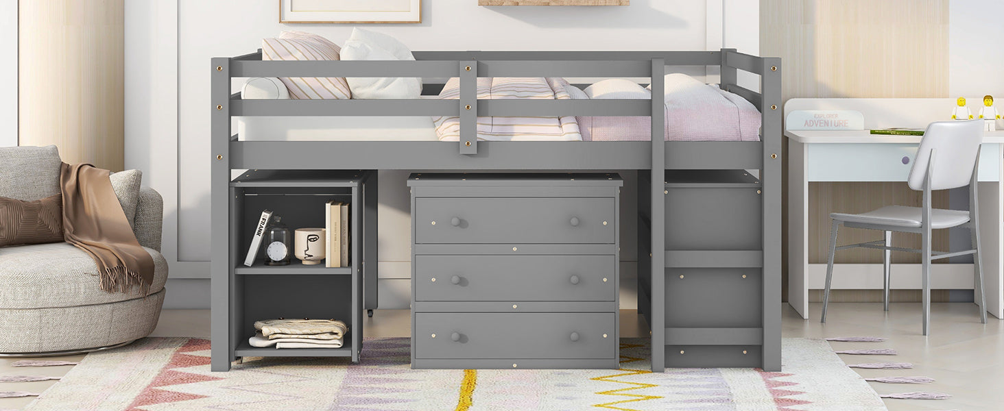 Low Study Full Loft Bed w/ Cabinet Shelves & Desk (Gray)