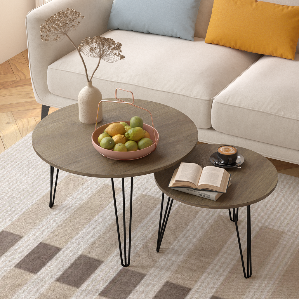 2 Set Round Nesting End Table Set w/ Sturdy Metal Base (Brown)