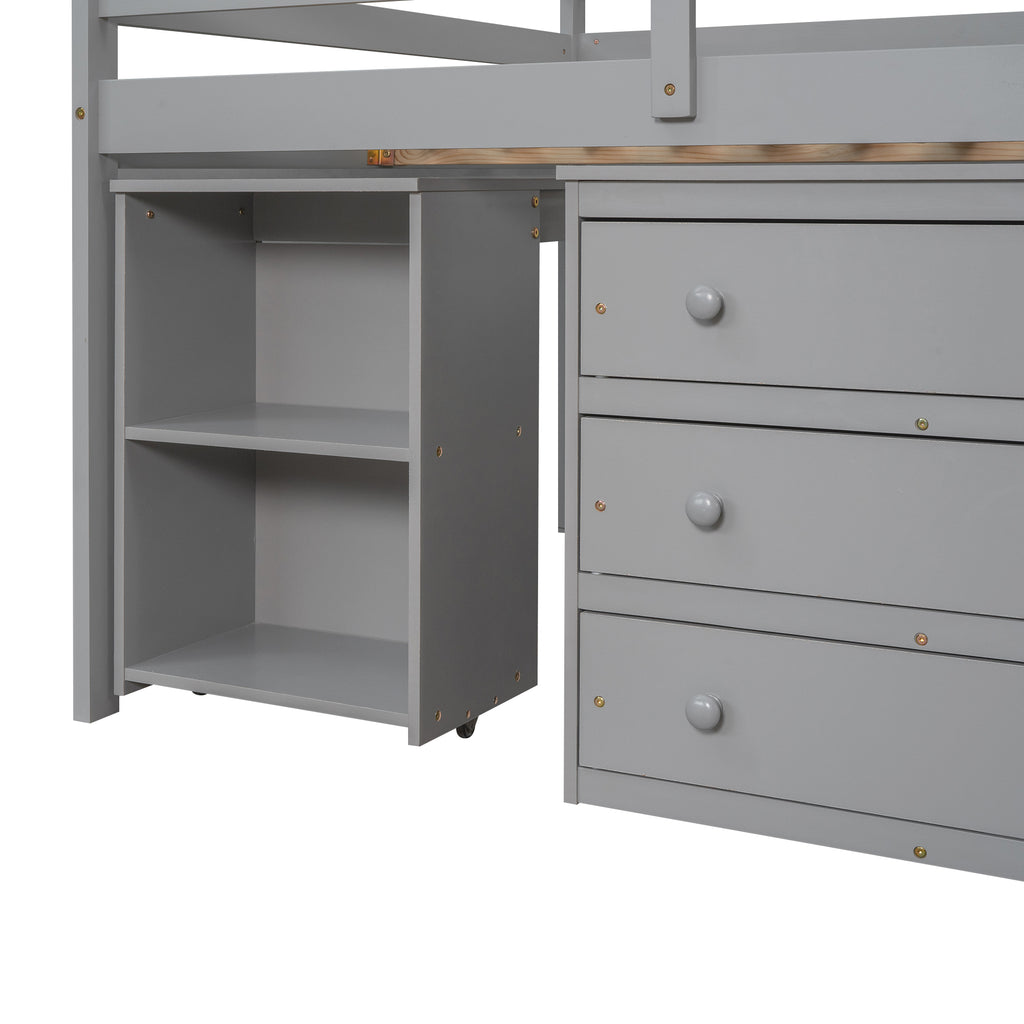 Low Study Full Loft Bed w/ Cabinet Shelves & Desk (Gray)