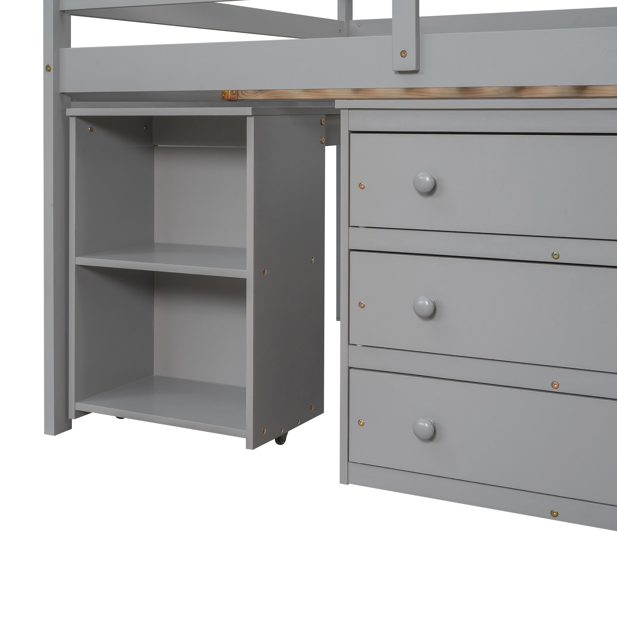 Low Study Full Loft Bed w/ Cabinet Shelves & Desk (Gray)