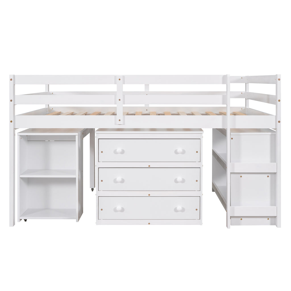 Low Study Full Loft Bed w/ Cabinet Shelves & Desk (White)