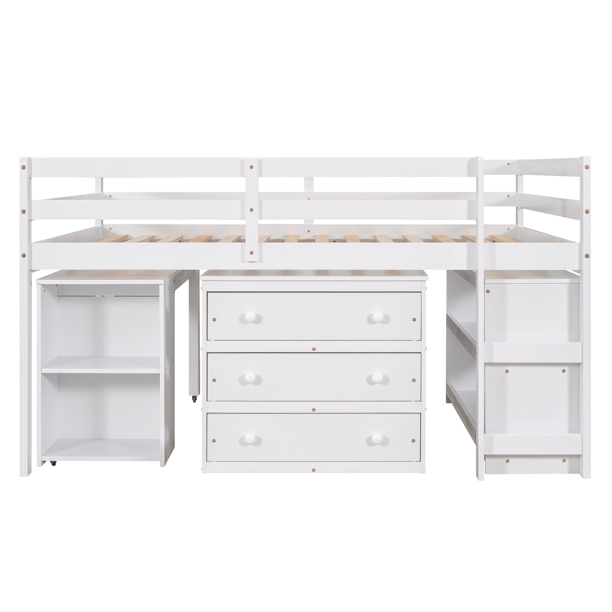 Low Study Full Loft Bed w/ Cabinet Shelves & Desk (White)