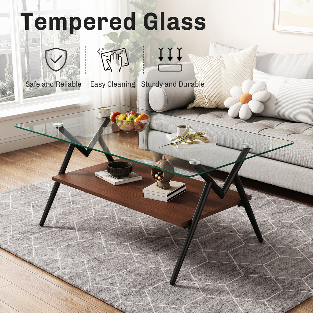Modern Rectangle Coffee Table with Tempered Glass