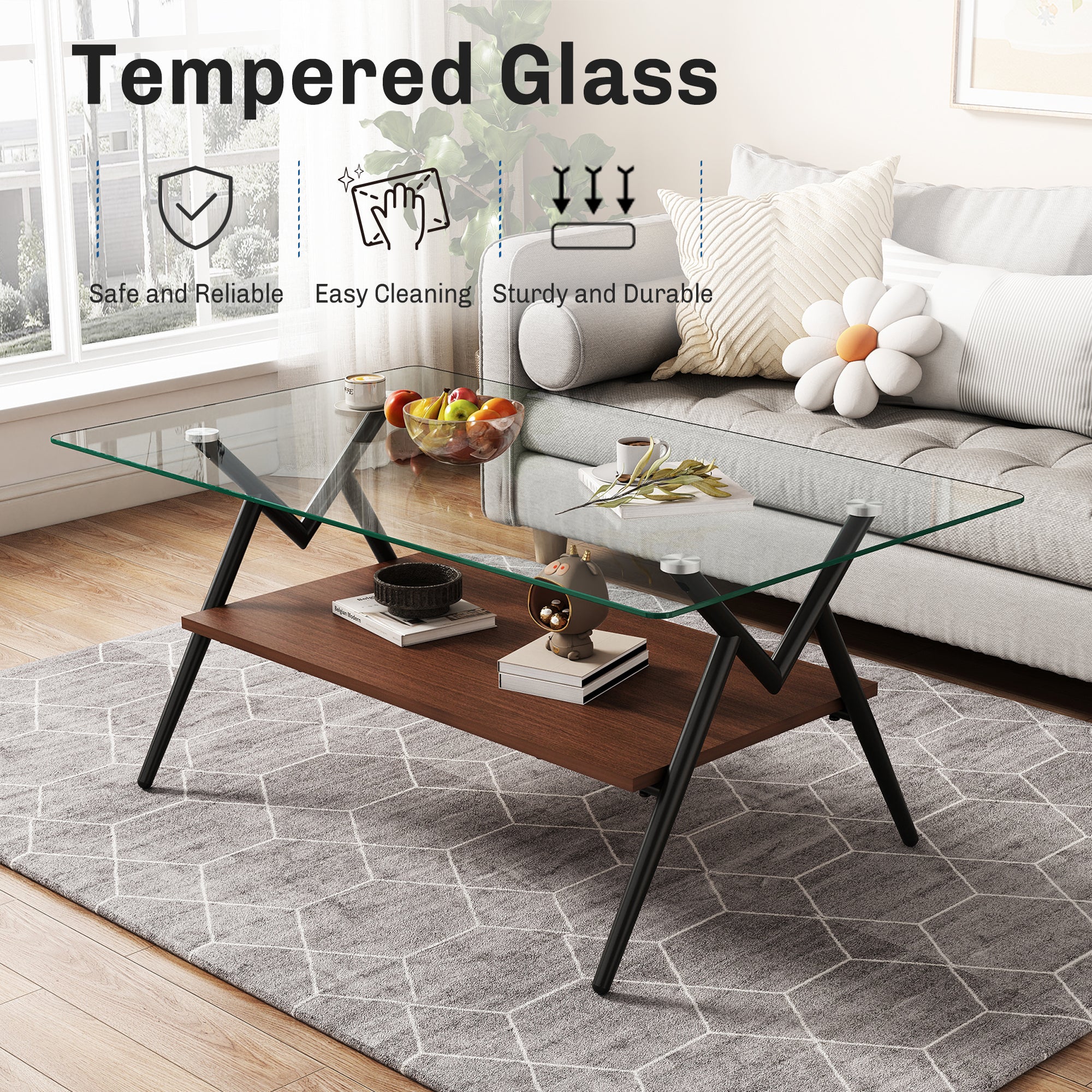 Modern Rectangle Coffee Table with Tempered Glass