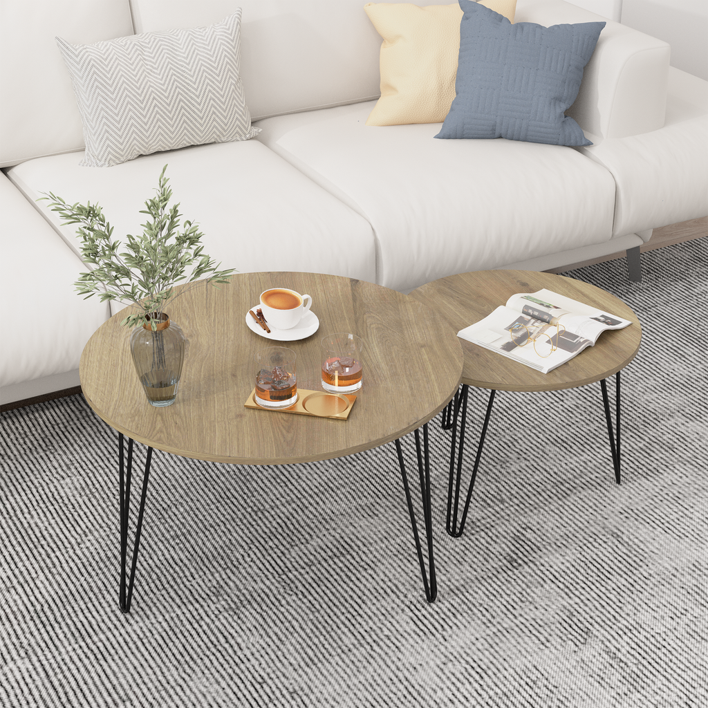 2 Set Round Nesting End Table Set w/ Sturdy Metal Base (Brown)