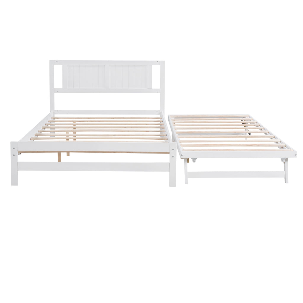 Full Size Platform Bed with Adjustable Trundle (White)