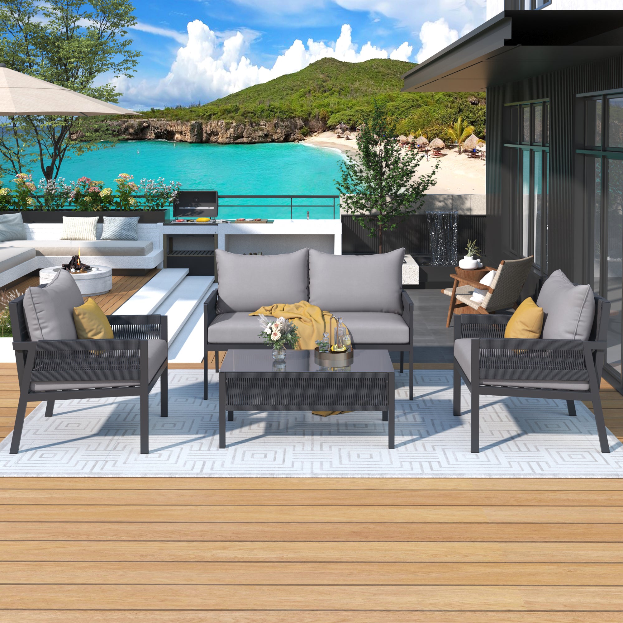 4 PC Boho Outdoor Furniture w/ Tempered Glass Table (Gray)