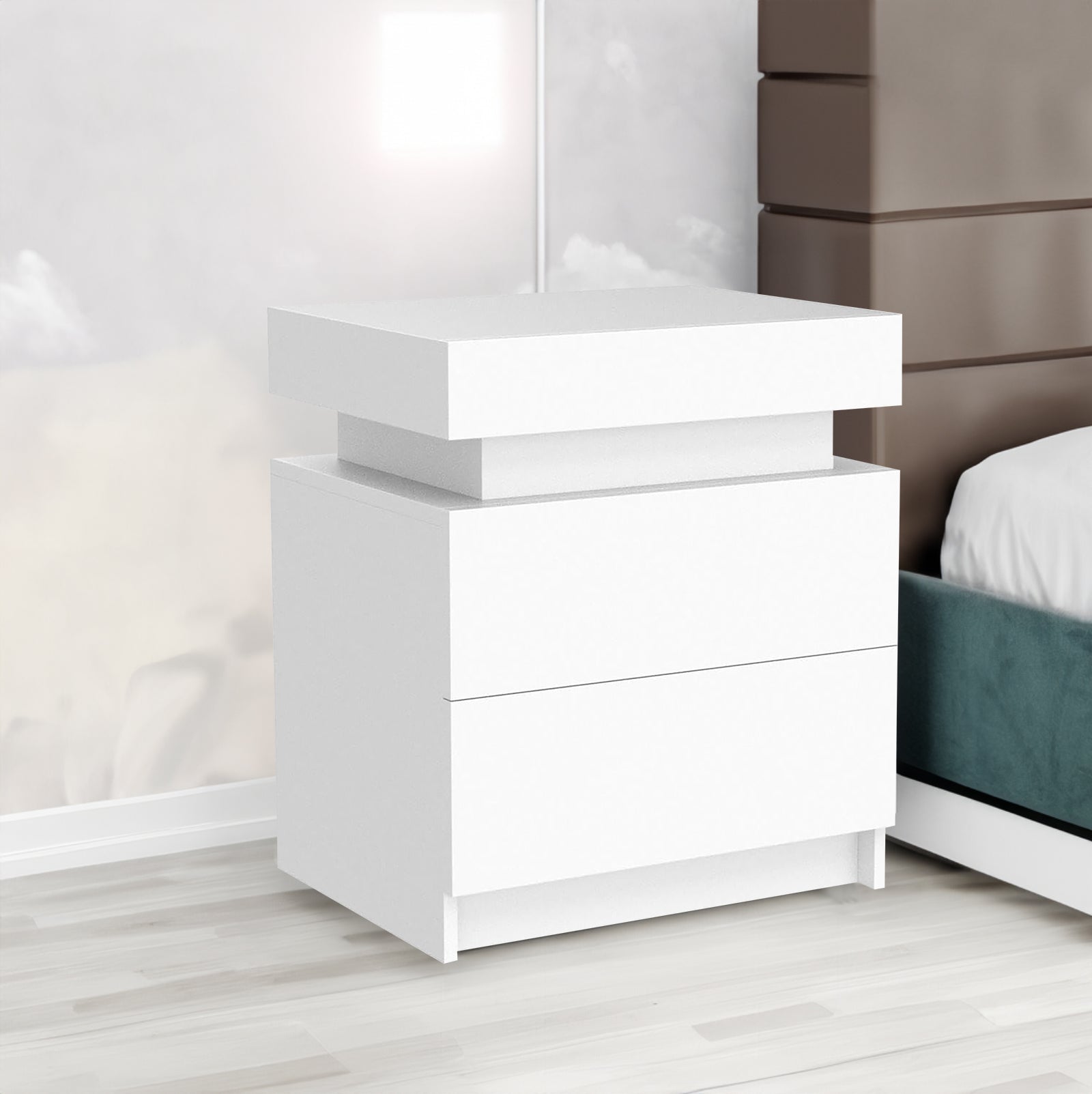 Modern LED Nightstand w/ 2 Drawers (White)