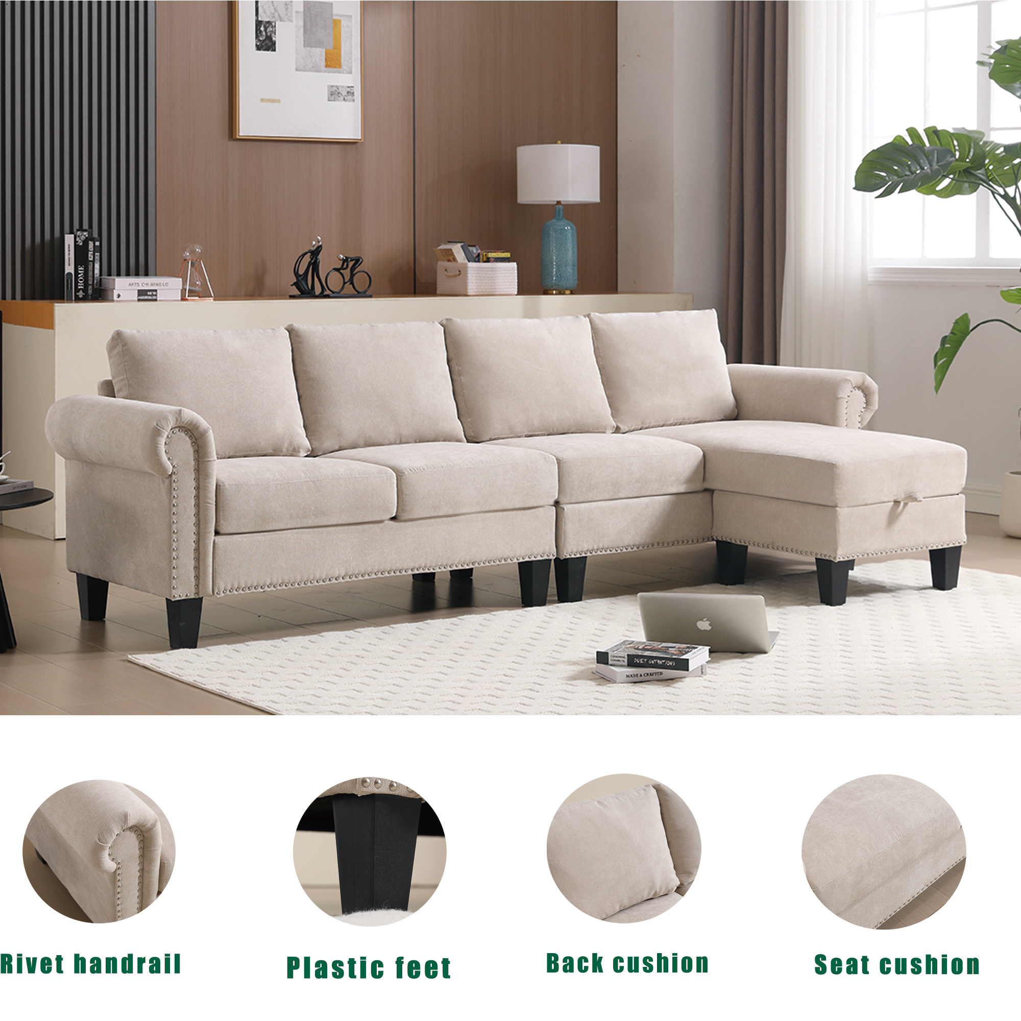 Convertible L-shaped Sectional w/ Storage (Beige)