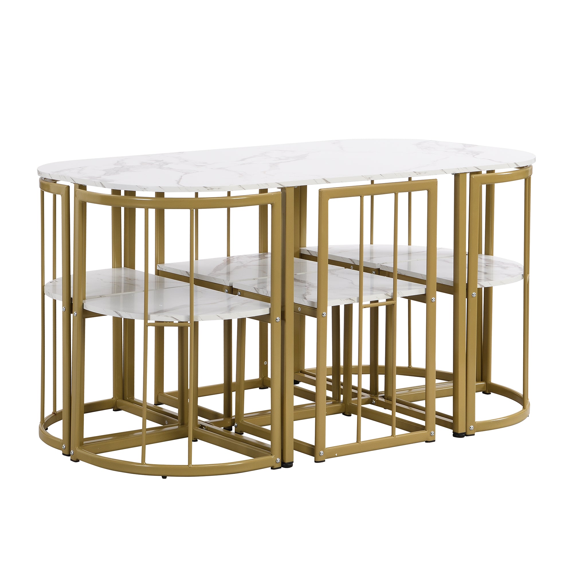 Modern 7-Piece Dining Table Set with Faux Marble (White/Gold)