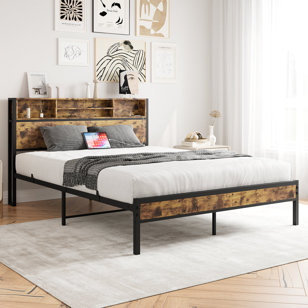 Wooden Queen Bed Frame w/ Storage Headboard (Black)