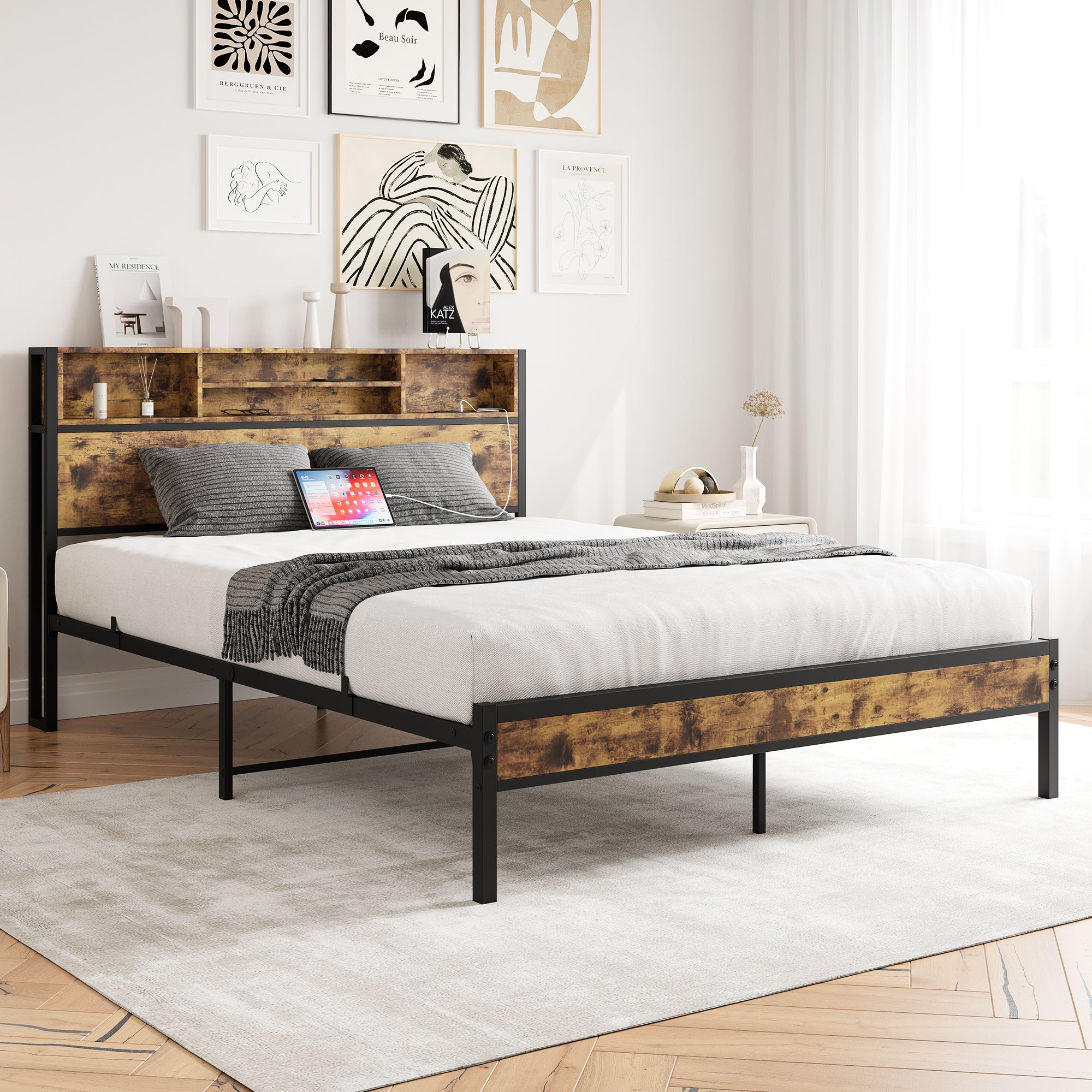 Wooden Queen Bed Frame w/ Storage Headboard (Black)