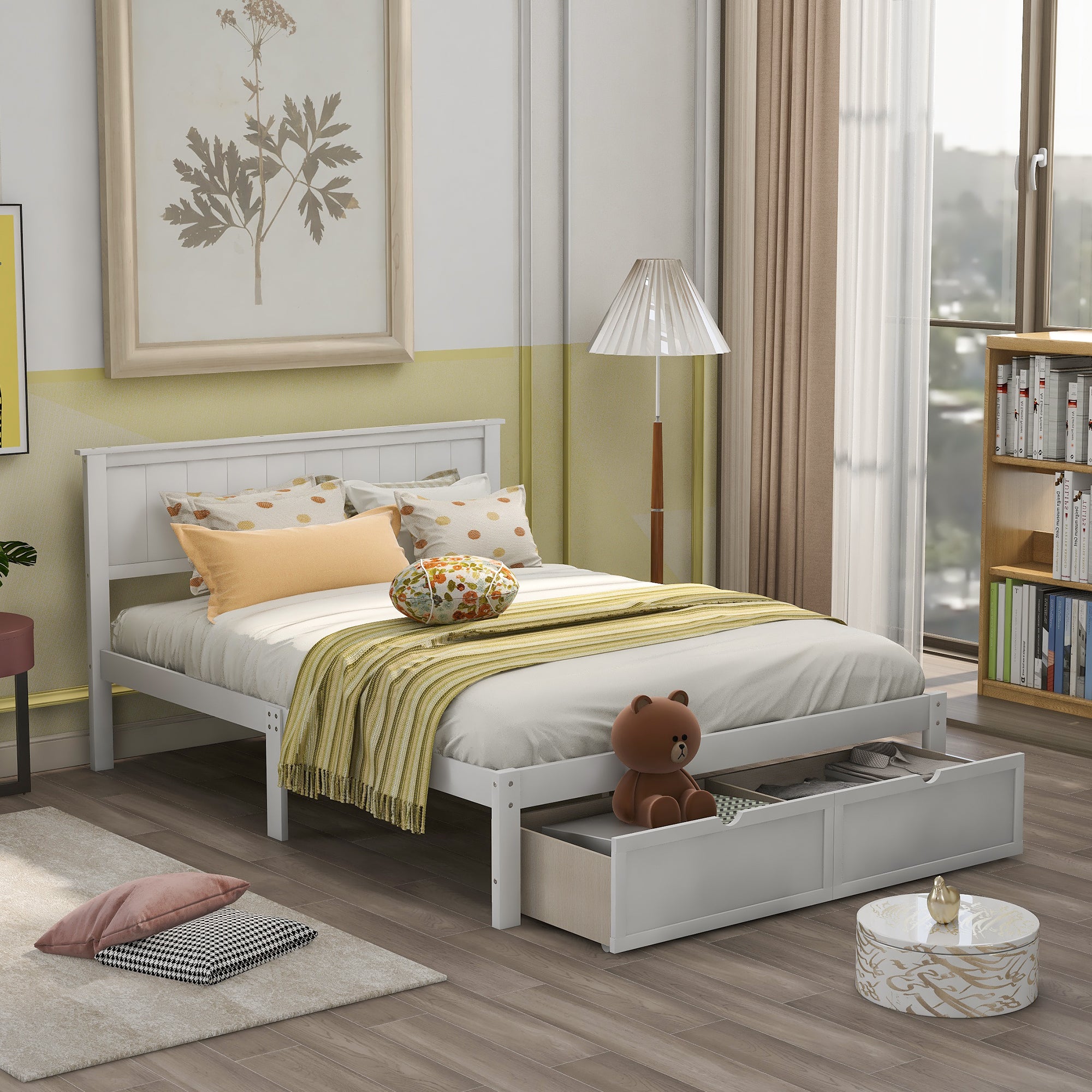 Full Size Platform Bed w/ Under-bed Drawers (White)