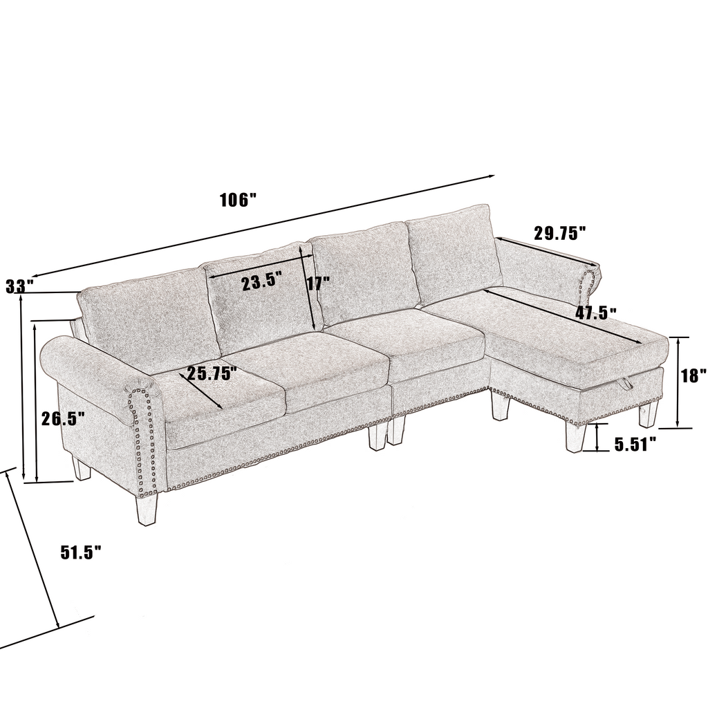 Convertible L-shaped Sectional w/ Storage (Beige)