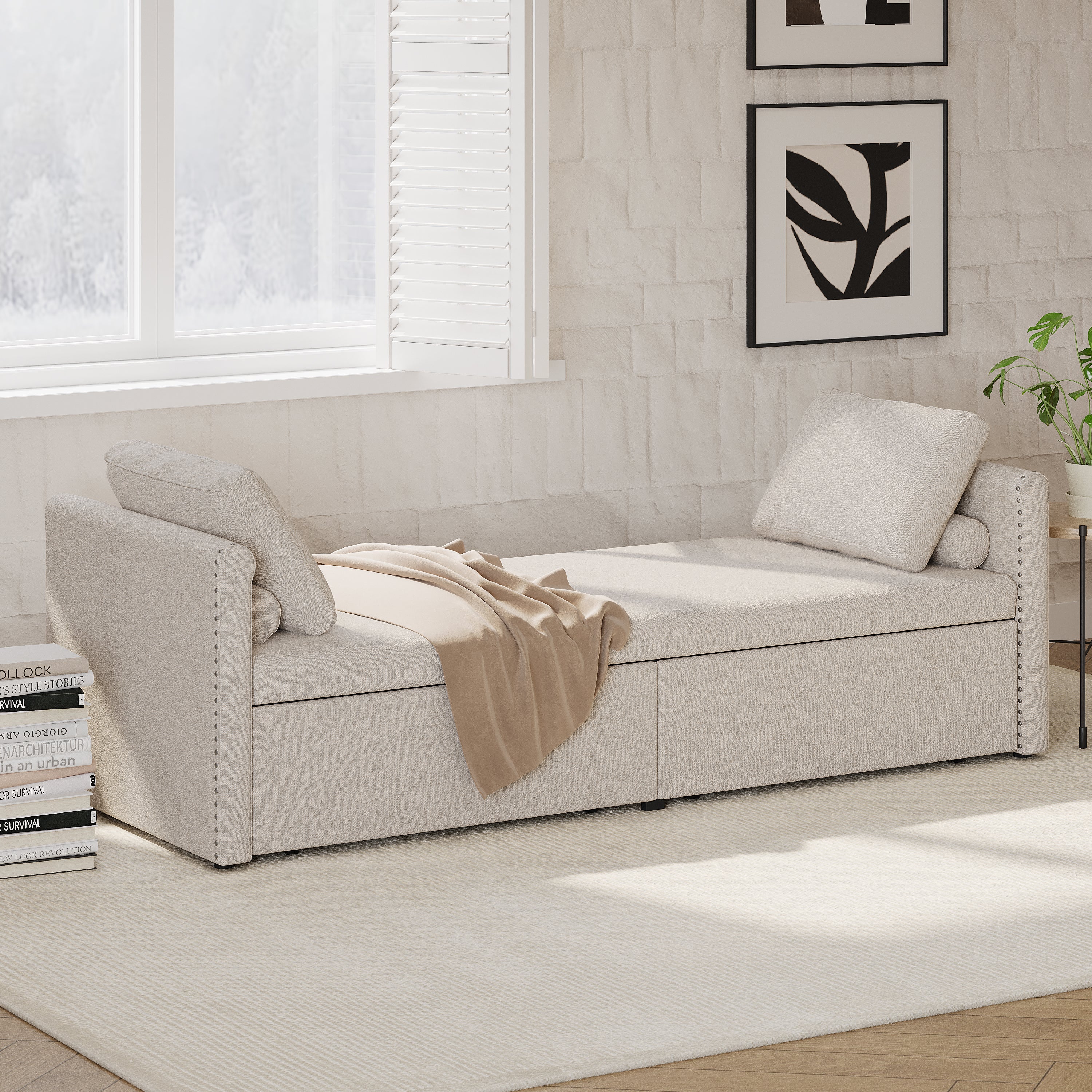 Modern Lounge Chair Sofa Bed w/ 2 Drawers - without mattress (Beige)
