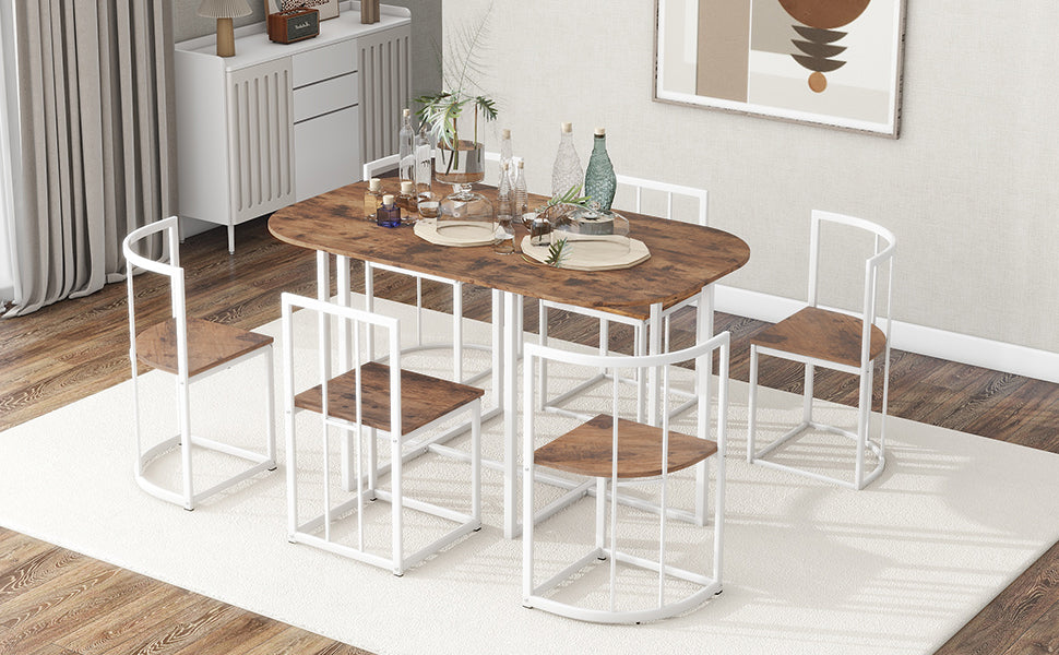 Modern 7-Piece Dining Table Set with Faux Marble (White/Cherry)