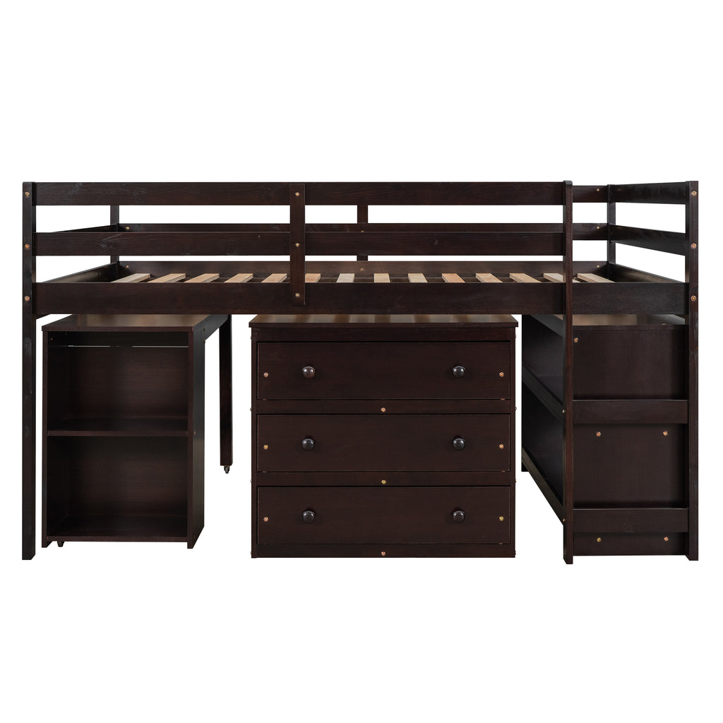 Low Study Full Loft Bed w/ Cabinet Shelves & Desk (Espresso)