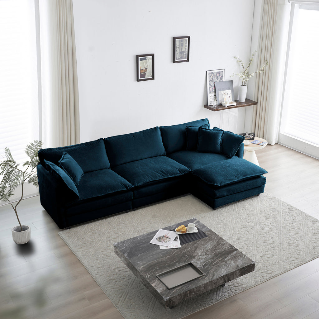 Modular Oversized L Shaped Sectional Sofa w/ Reversible Ottoman (Blue)