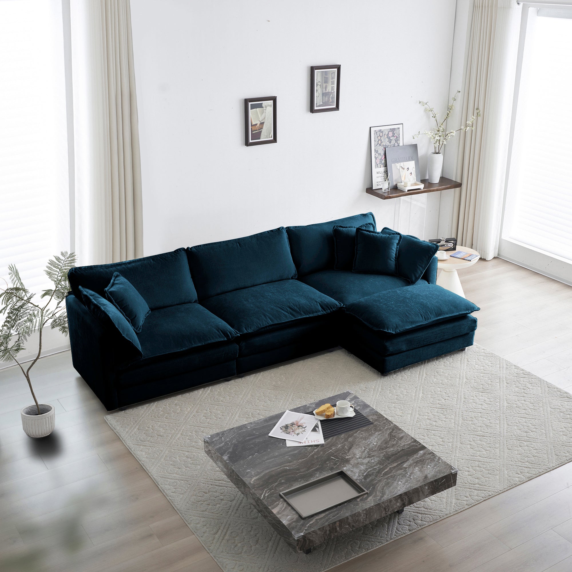 Modular Oversized L Shaped Sectional Sofa w/ Reversible Ottoman (Blue)