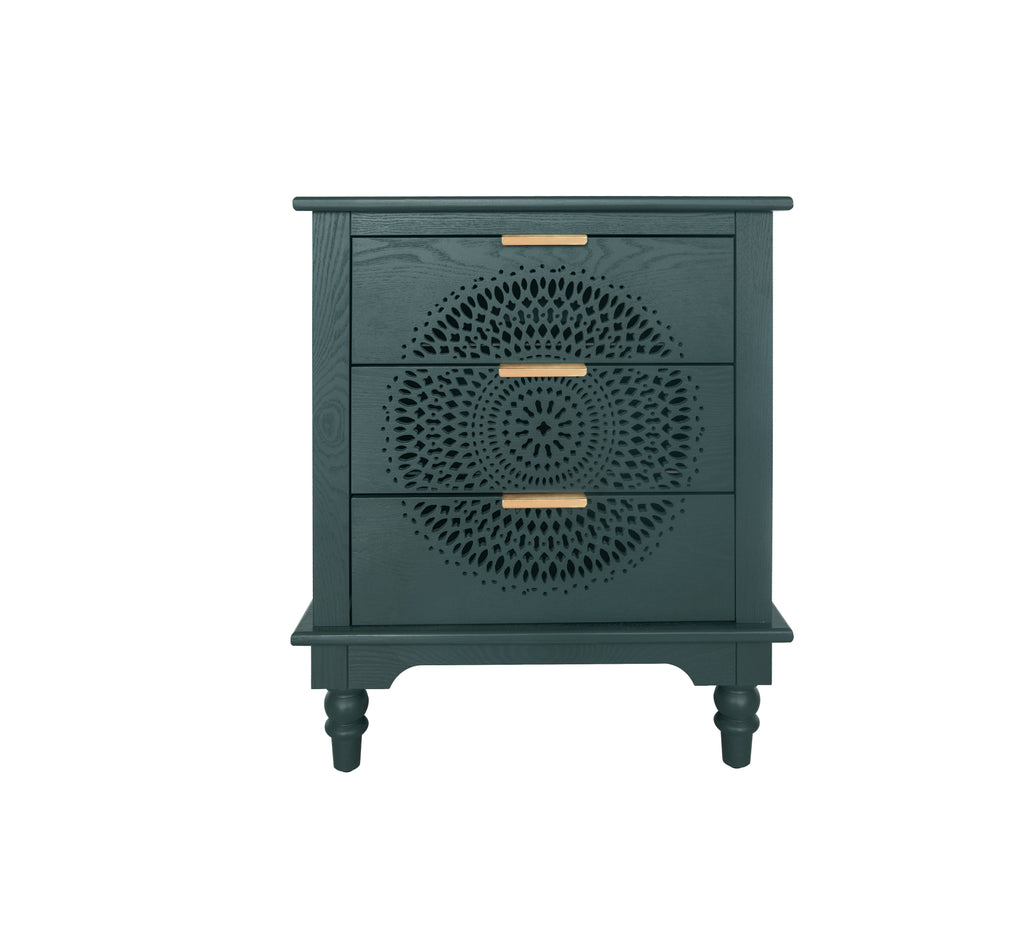Hollow-Carved 3 Drawer Dresser Chest (Blackish Green)