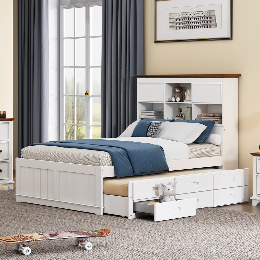 Solid Pine Twin Captain Bookcase Bed w/ Trundle Bed & 3 Drawers in Casual (White+Walnut)