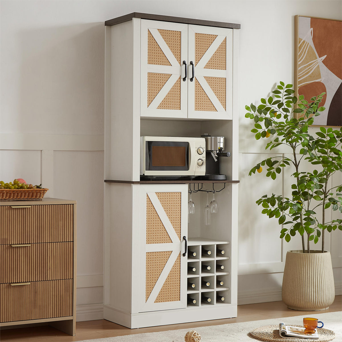76 Inch Tall Farmhouse Kitchen Faux Rattan Wine Cabinet