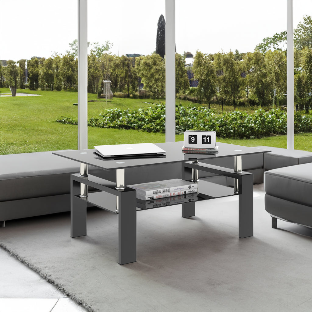 Set of 2, Modern Tempered Glass Coffee Table (Black)