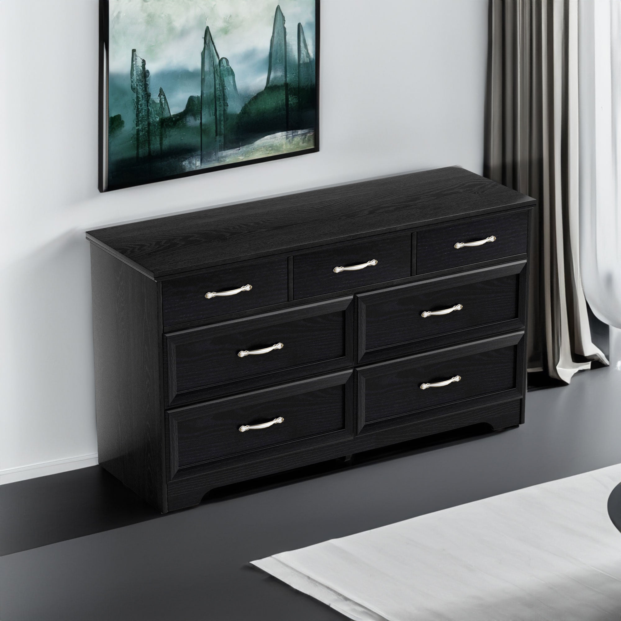 Modern 7 Drawers Dresser w/ Chest (Black)