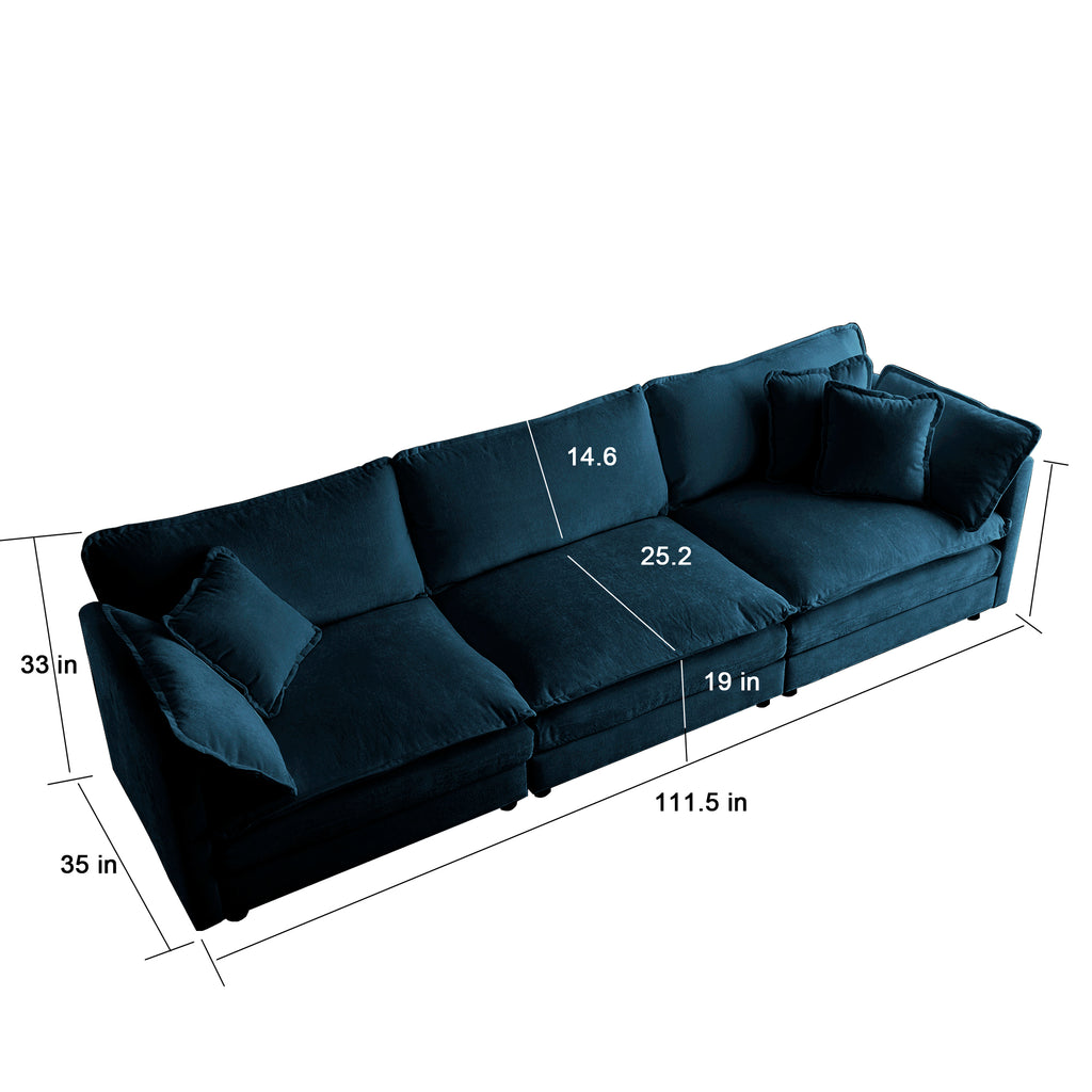 Mid-Century 3-Seat Chenille Sofa with 2 Armrest Pillows and 3 Toss Pillows (Blue)