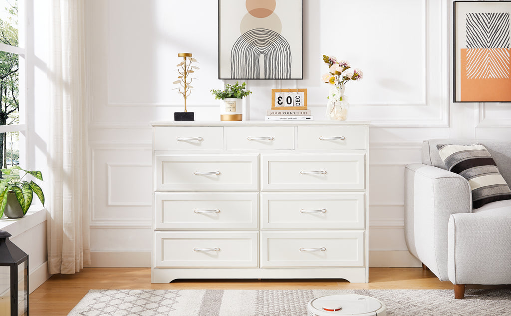 9 Drawer Dresser w/ Antique Handles (White)