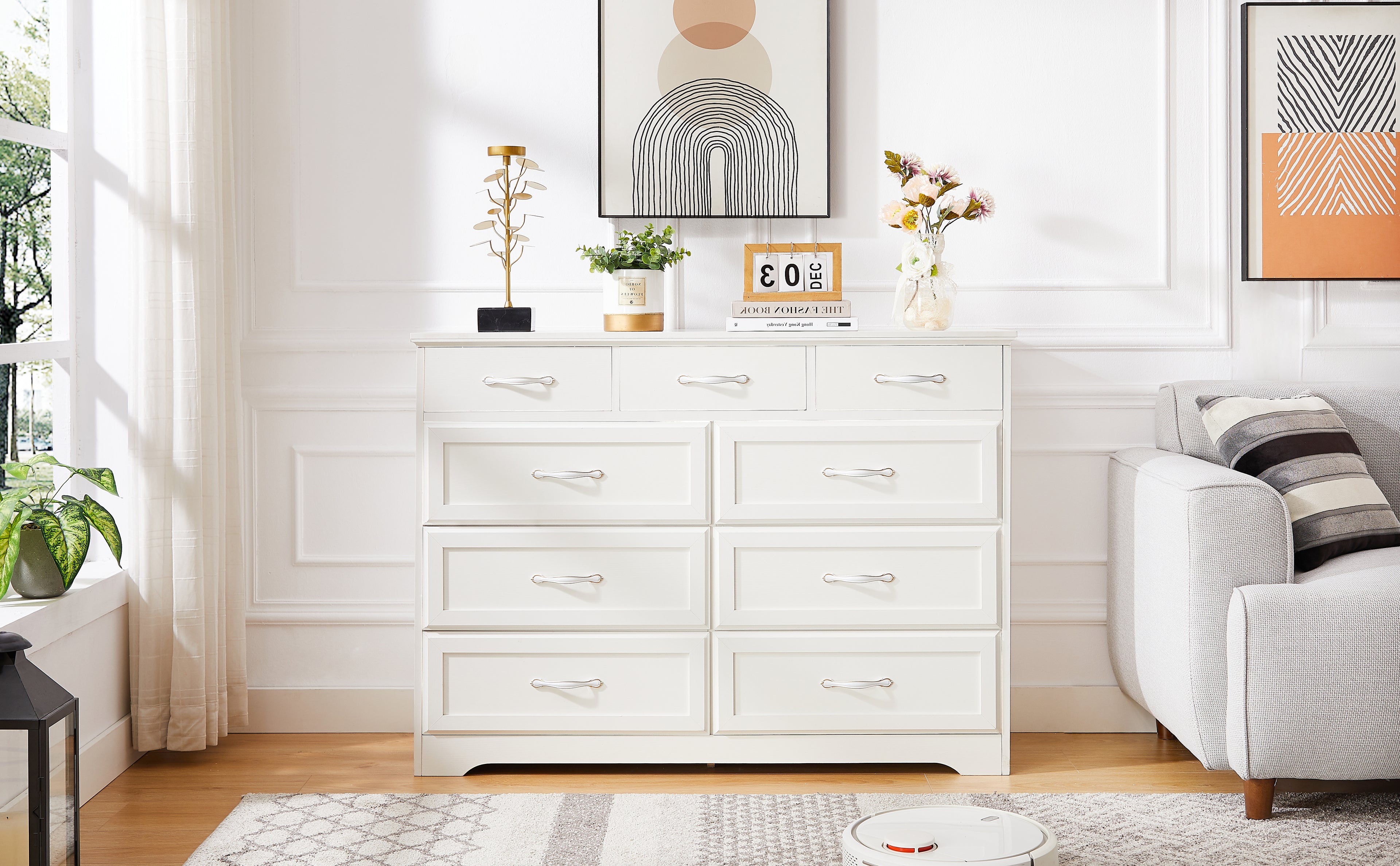 9 Drawer Dresser w/ Antique Handles (White)