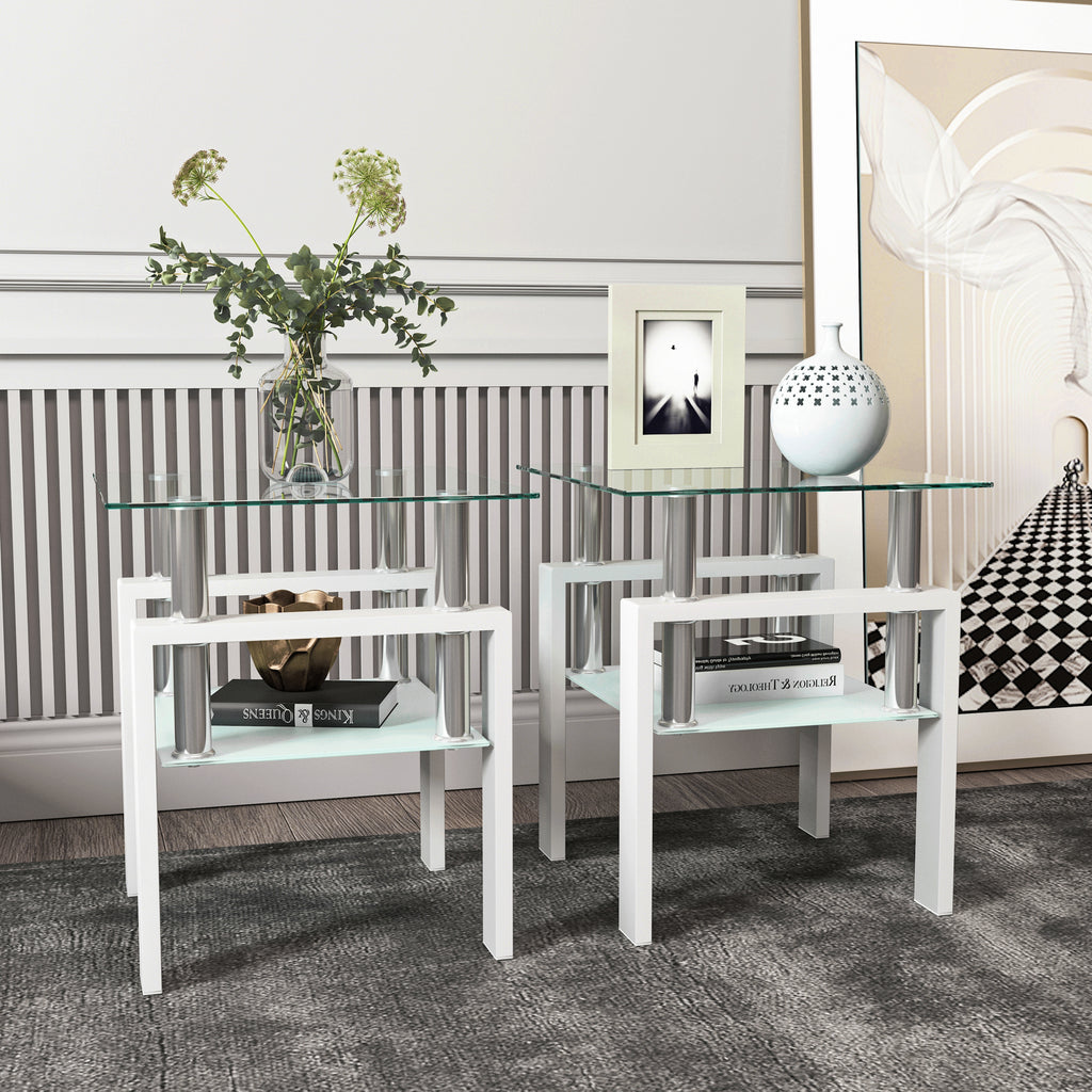 Set of 2, Modern Tempered Glass Coffee Table (White)