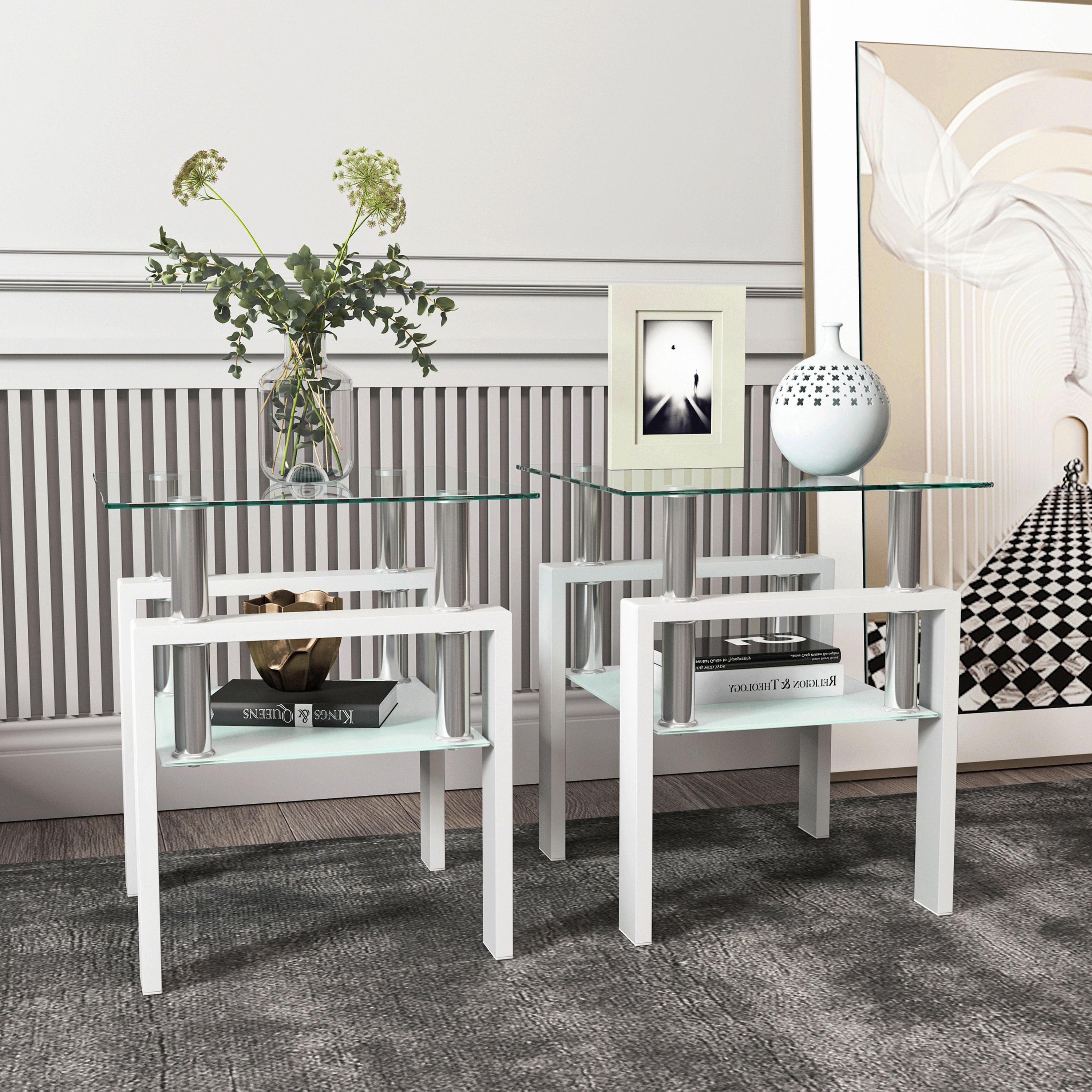 Set of 2, Modern Tempered Glass Coffee Table (White)