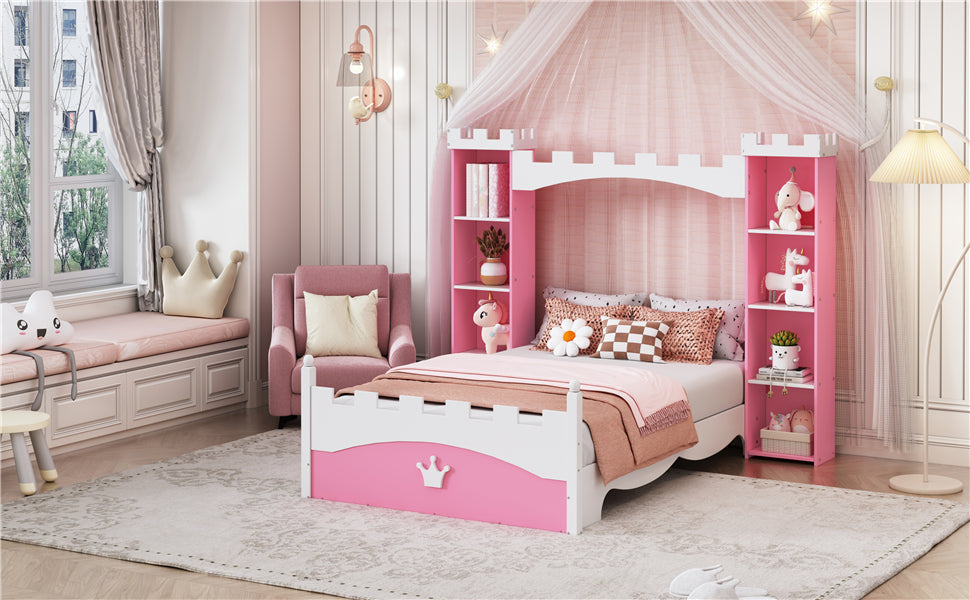 Castle-Shaped Wooden Bed w/ Storage Shelf (Pink)
