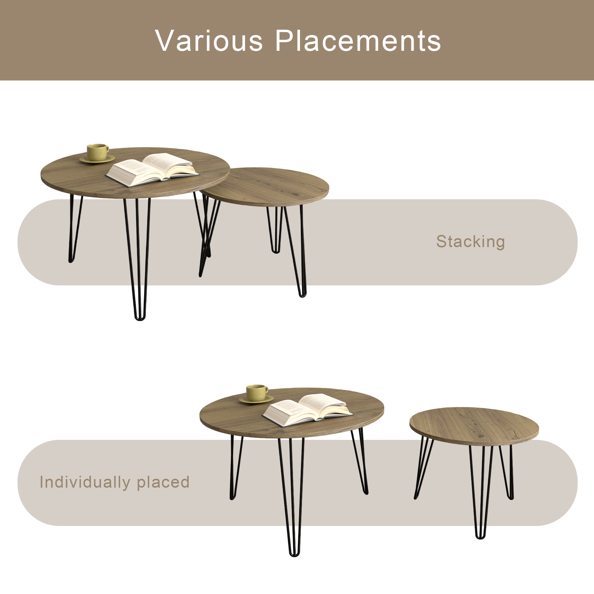 2 Set Round Nesting End Table Set w/ Sturdy Metal Base (Brown)