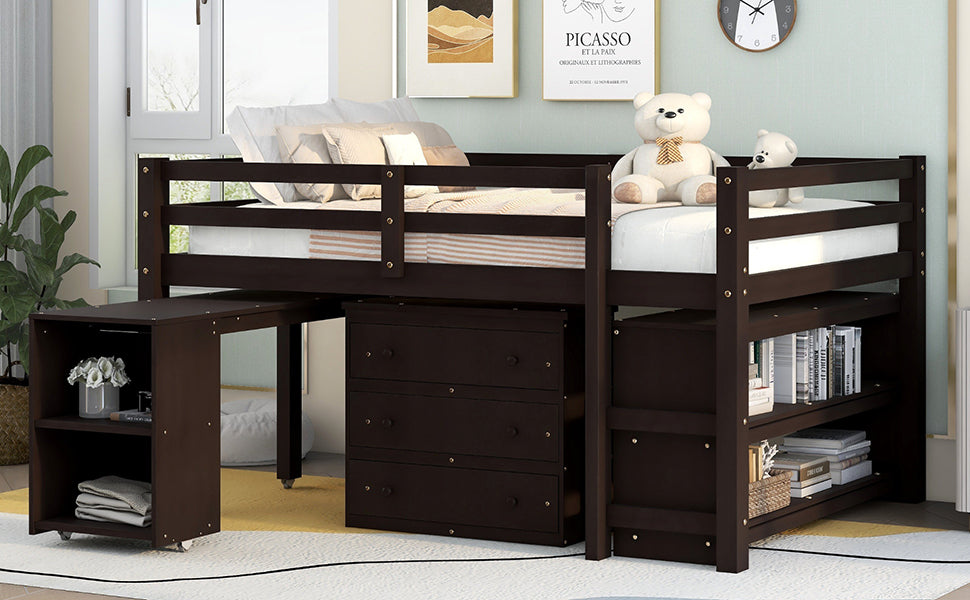 Low Study Full Loft Bed w/ Cabinet Shelves & Desk (Espresso)