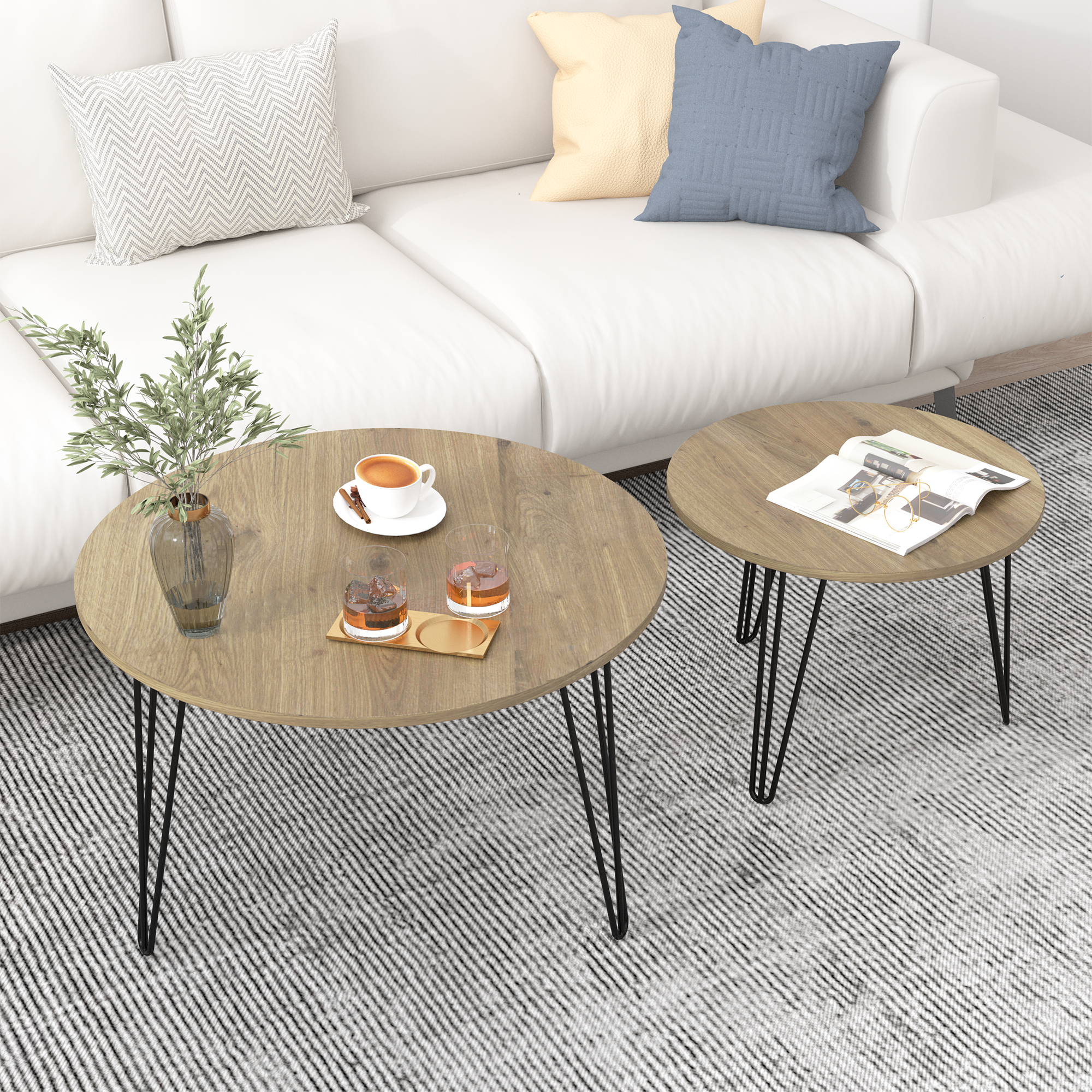 2 Set Round Nesting End Table Set w/ Sturdy Metal Base (Brown)