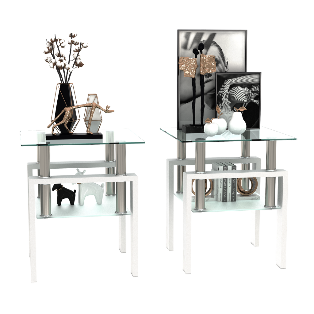 Set of 2, Modern Tempered Glass Coffee Table (White)