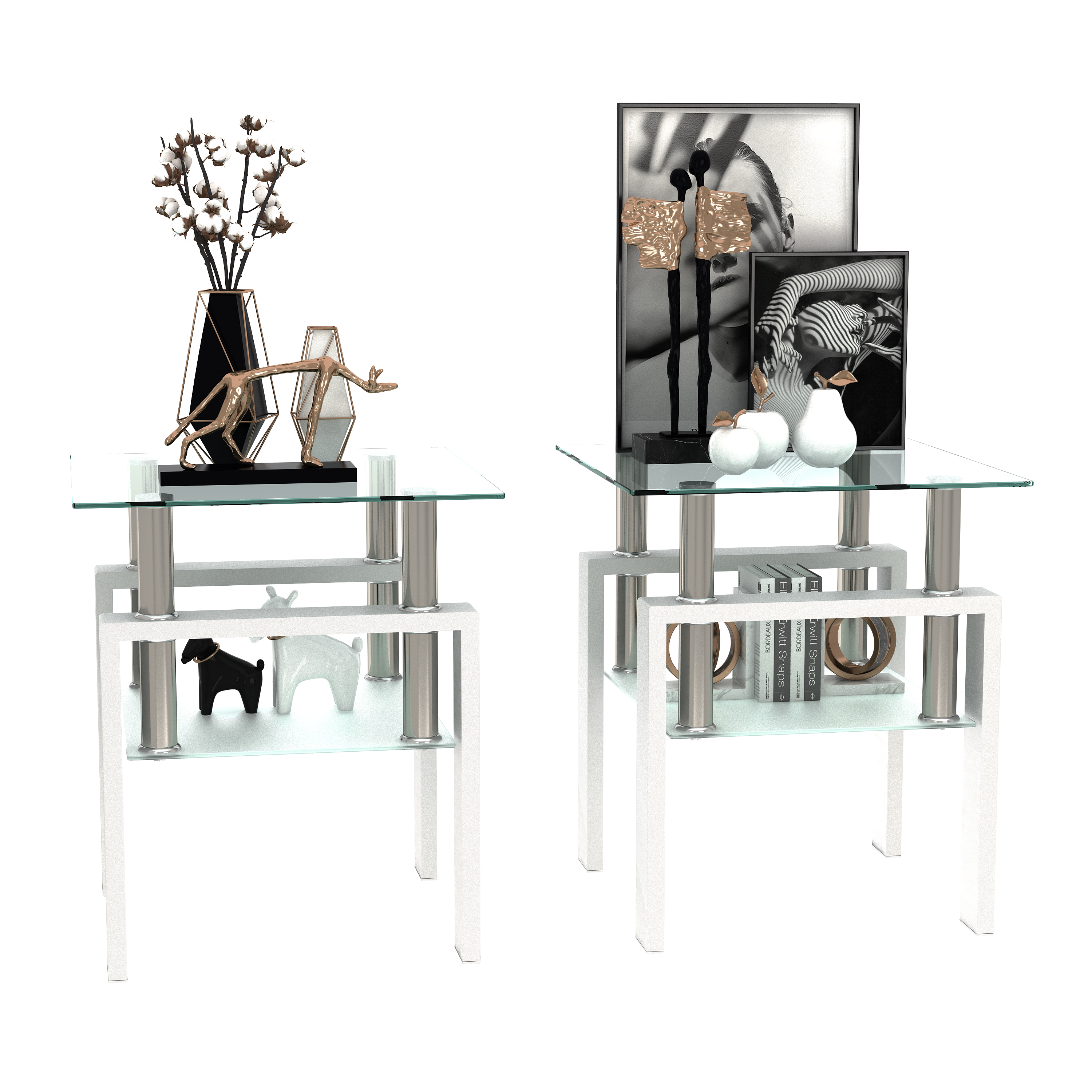Set of 2, Modern Tempered Glass Coffee Table (White)