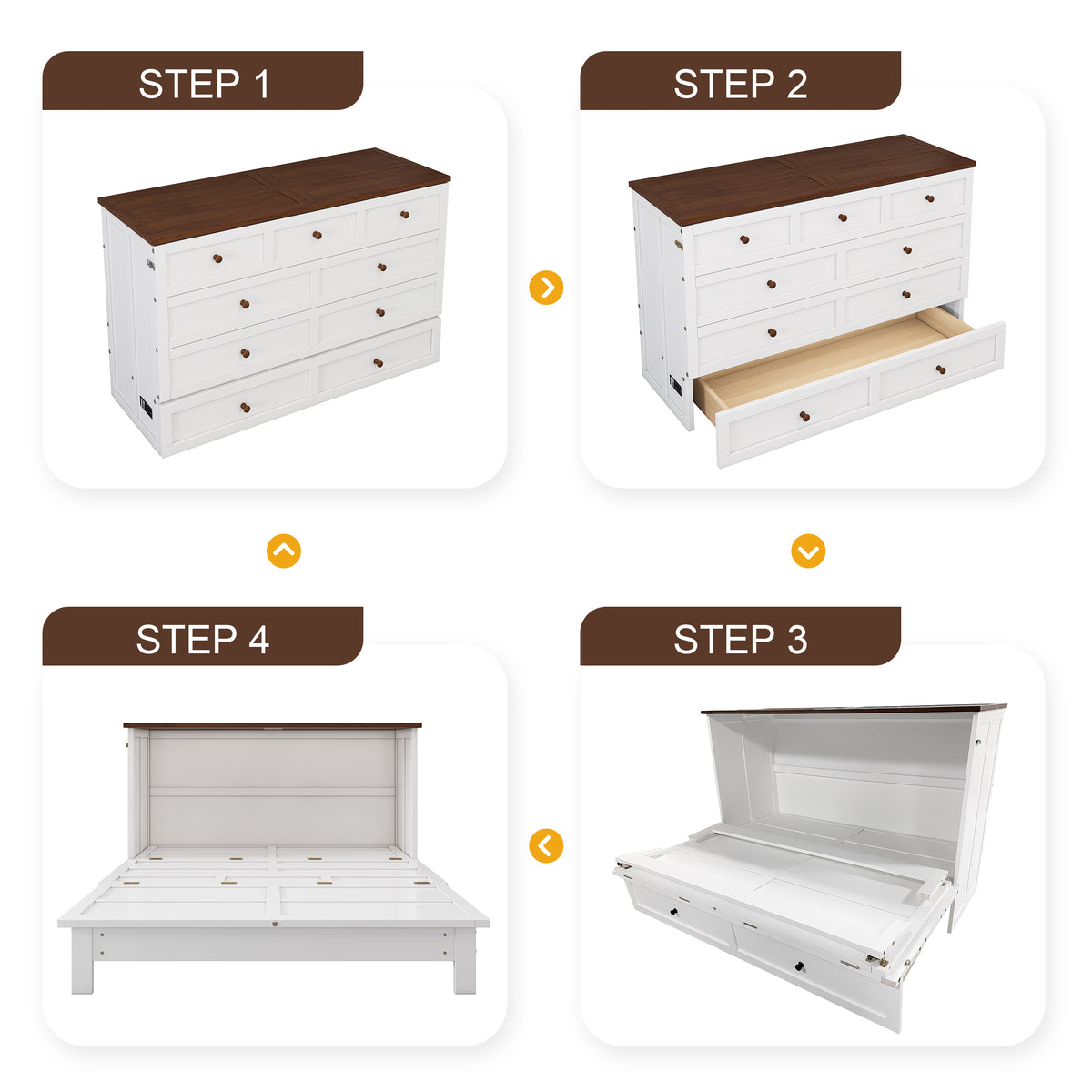Solid Pine Murphy Bed Chest with Charging Station and Large Storage Drawer