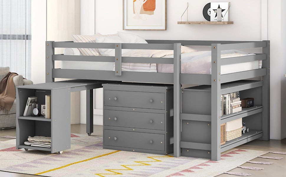Low Study Full Loft Bed w/ Cabinet Shelves & Desk (Gray)