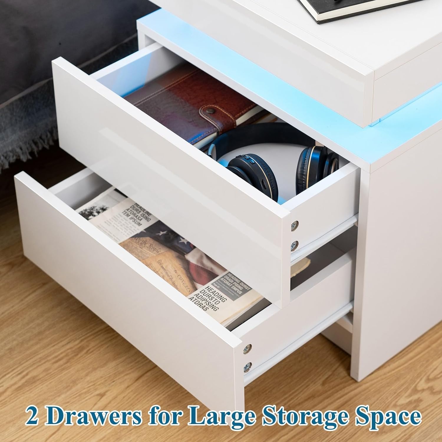 Modern LED Nightstand w/ 2 Drawers (White)