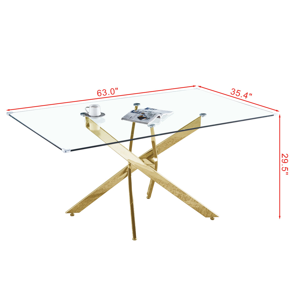 Modern Rectangular Tempered Glass Dining Table (Gold)