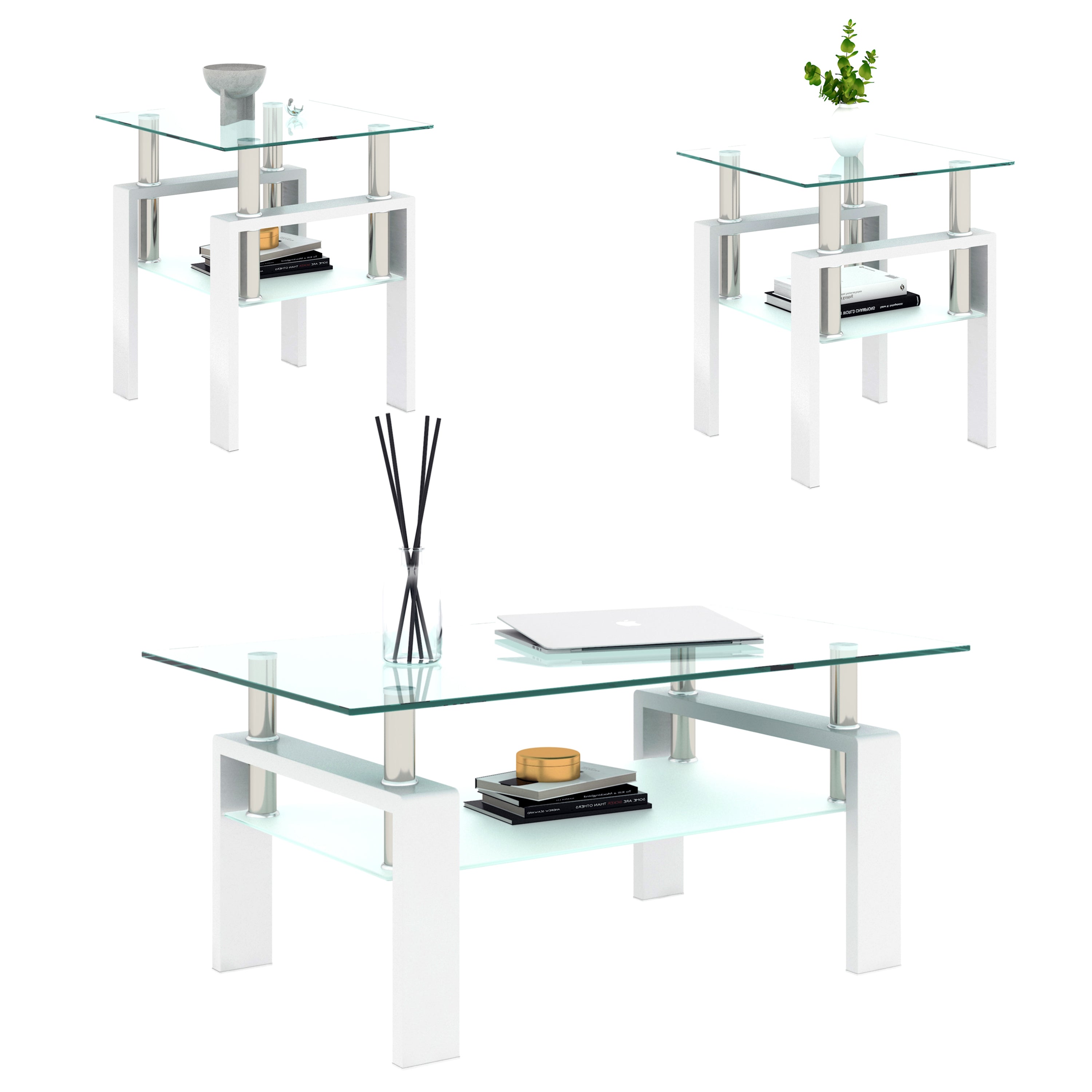 Set of 2, Modern Tempered Glass Coffee Table (White)